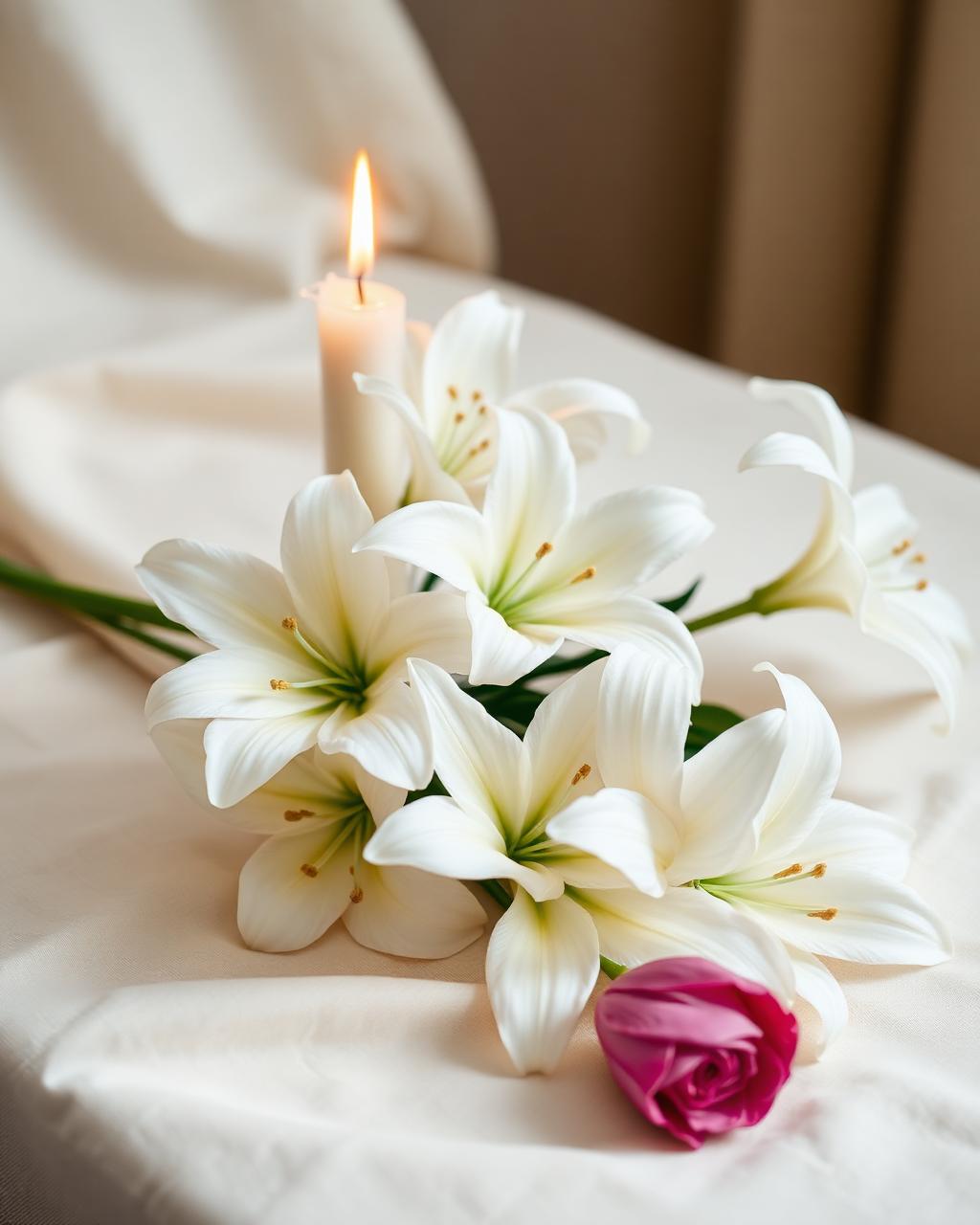 White lilies and a lit candle in soft remembrance